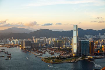 Panorama von Kowloon im Sonnenuntergang, Hongkong, China